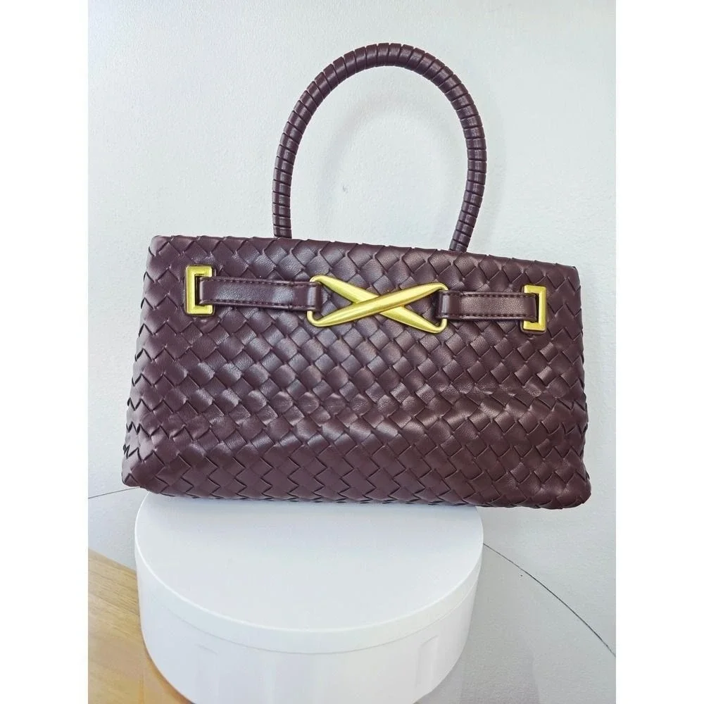Woven Vegan Leather Satchel Handbag Burgundy Gold X Hardware Top Handle Bag